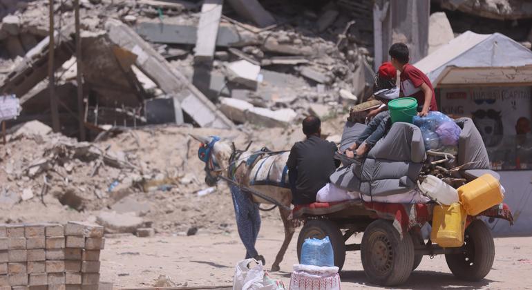A displaced family travels on a donkey-pulled cart carrying their belongings.